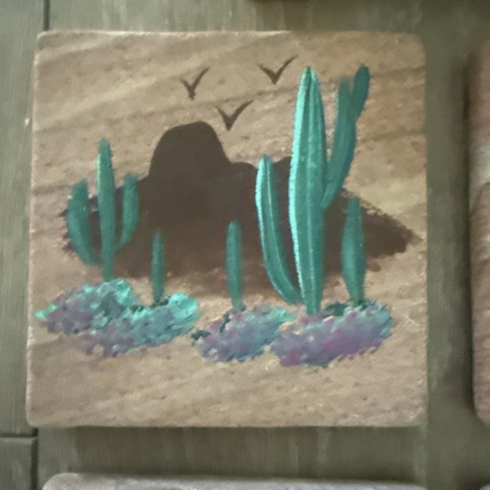 Set‎ of 4 Sandstone Southwest/Desert Hand Painted Coasters with Cork Backing